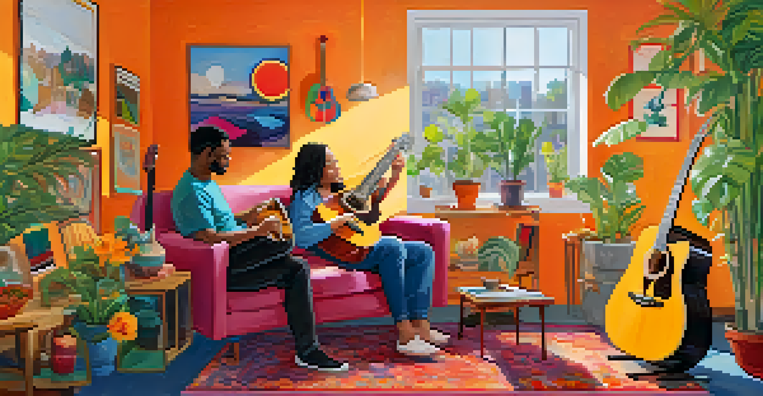 A music therapy session with a therapist and a patient sitting on cushions surrounded by musical instruments in a colorful room.