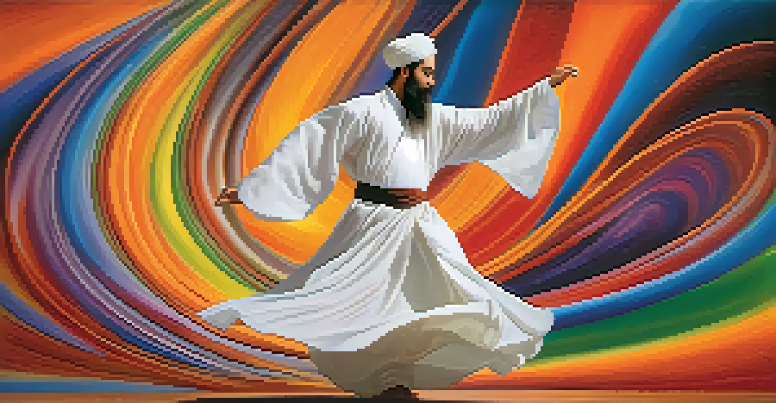 A Sufi dervish in a white robe spinning gracefully, with a colorful swirling background symbolizing divine connection.