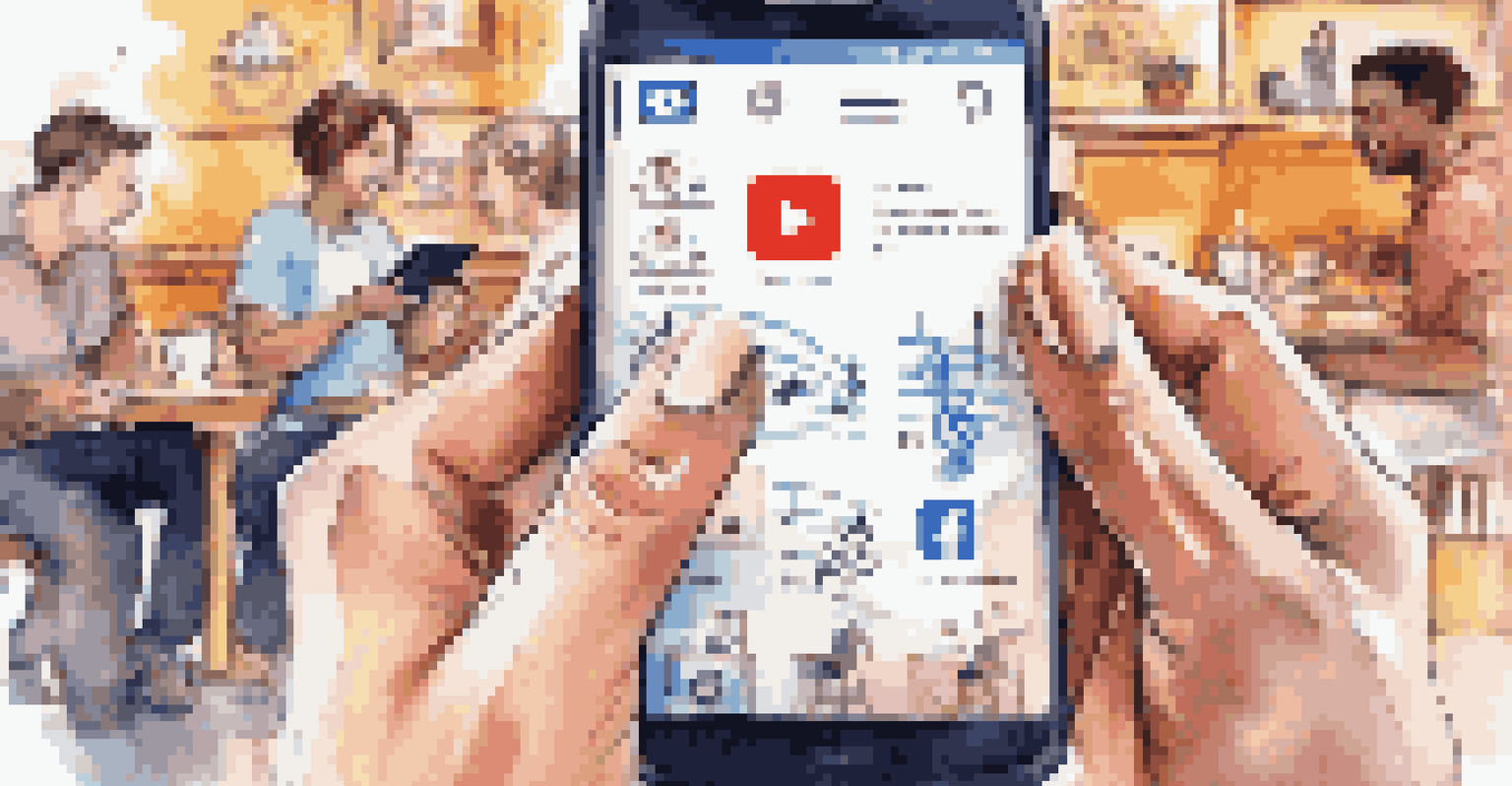 A close-up of hands with a smartphone showing a social media app, with musical notes coming from the screen, set in a busy café.