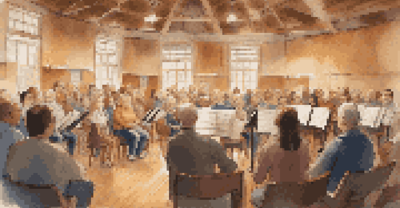 Choir members gathered in a cozy community hall, rehearsing under the guidance of a conductor.
