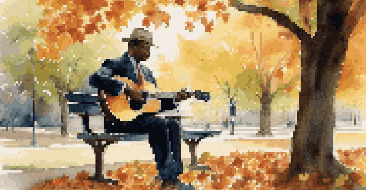 A jazz guitarist sitting on a park bench, strumming a guitar amidst colorful autumn leaves and dappled sunlight.