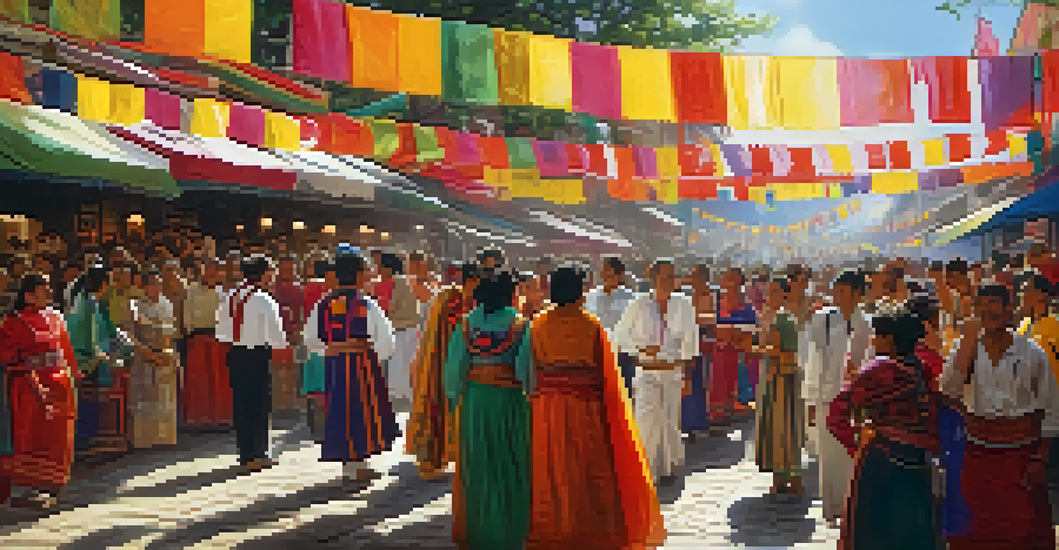 A lively street scene of a cultural festival with performers in traditional attire and a diverse crowd celebrating.