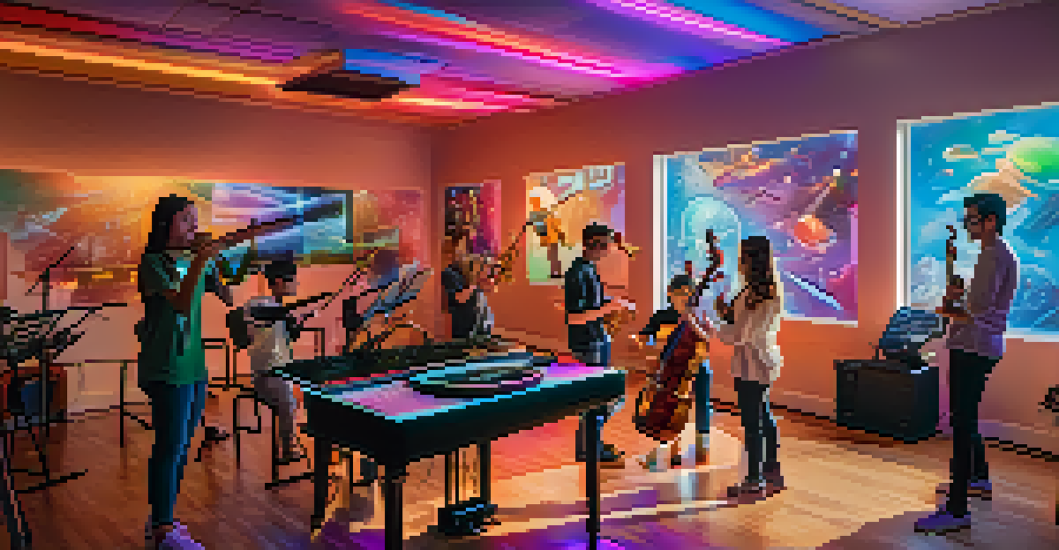 A virtual reality music classroom with students wearing VR headsets, surrounded by colorful holographic instruments and sound wave visualizations.