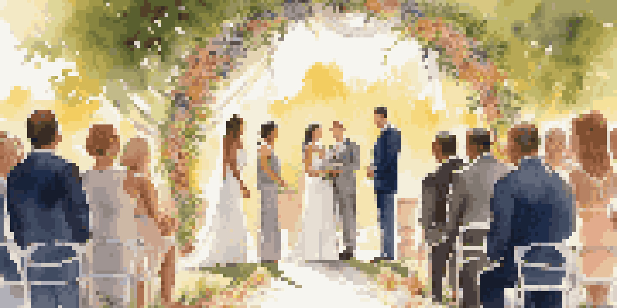 A couple exchanging vows under a flower-adorned arch at an outdoor wedding, with smiling guests in the background.