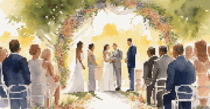 A couple exchanging vows under a flower-adorned arch at an outdoor wedding, with smiling guests in the background.