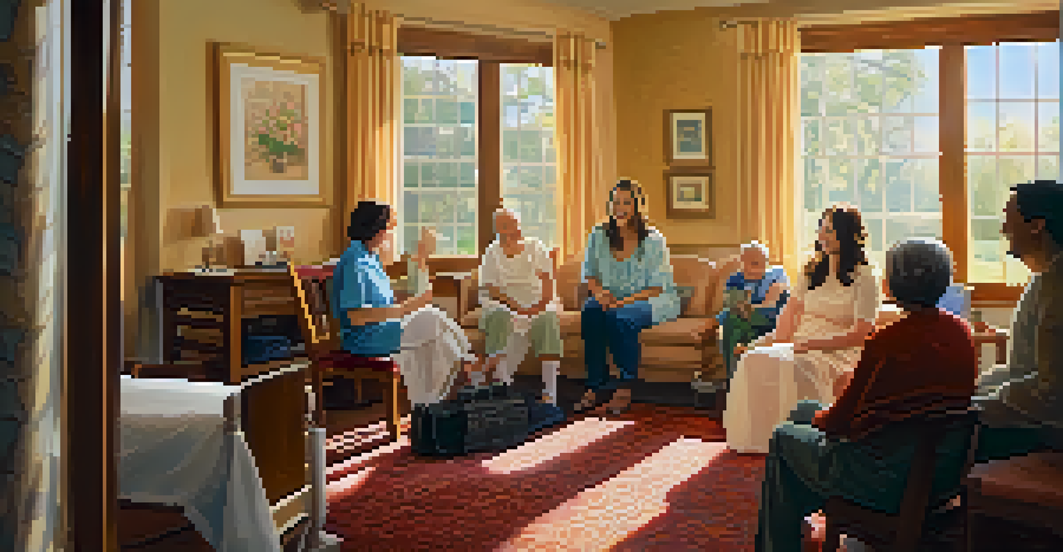 A family gathering in a palliative care setting, where members joyfully sing and play instruments with a patient, highlighting love and support.