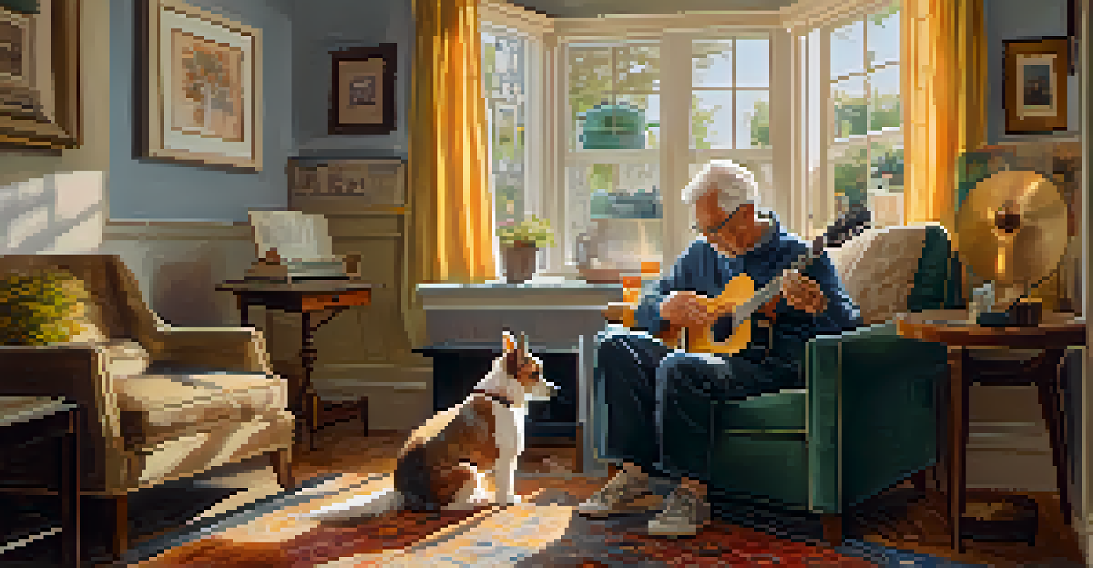 An older adult playing guitar in a cozy living room, with warm light and family photos around, and a dog at their feet.