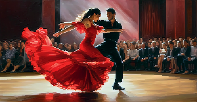 A Flamenco dancer in a red dress dancing on stage, with warm lighting and an engaged audience in the background.