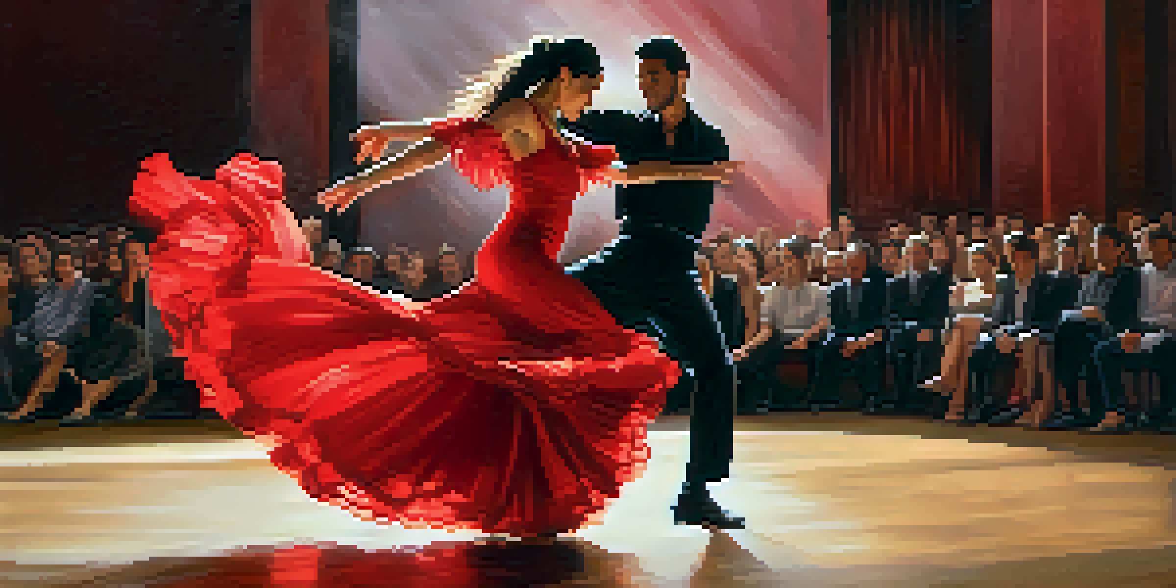 A Flamenco dancer in a red dress dancing on stage, with warm lighting and an engaged audience in the background.