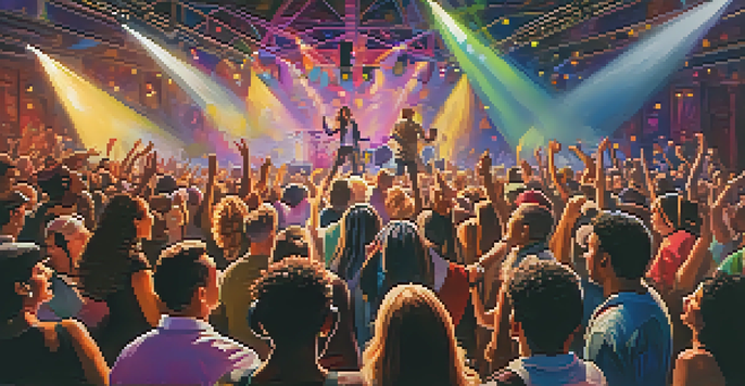 A lively concert with a diverse audience enjoying a performance, featuring colorful stage lights and artists engaging with fans.