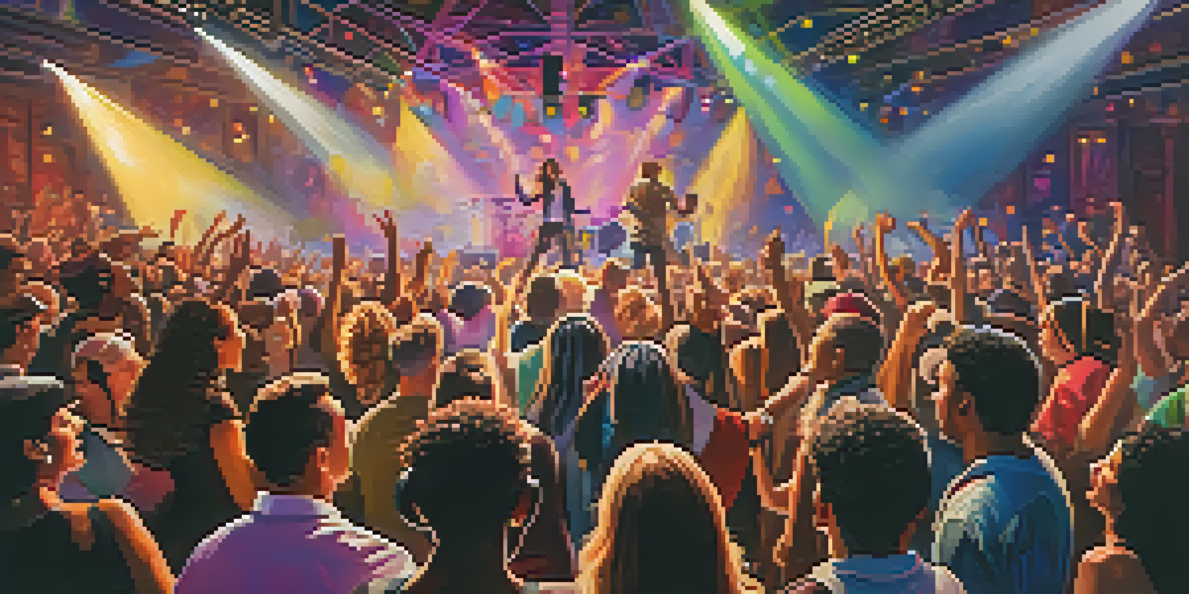A lively concert with a diverse audience enjoying a performance, featuring colorful stage lights and artists engaging with fans.