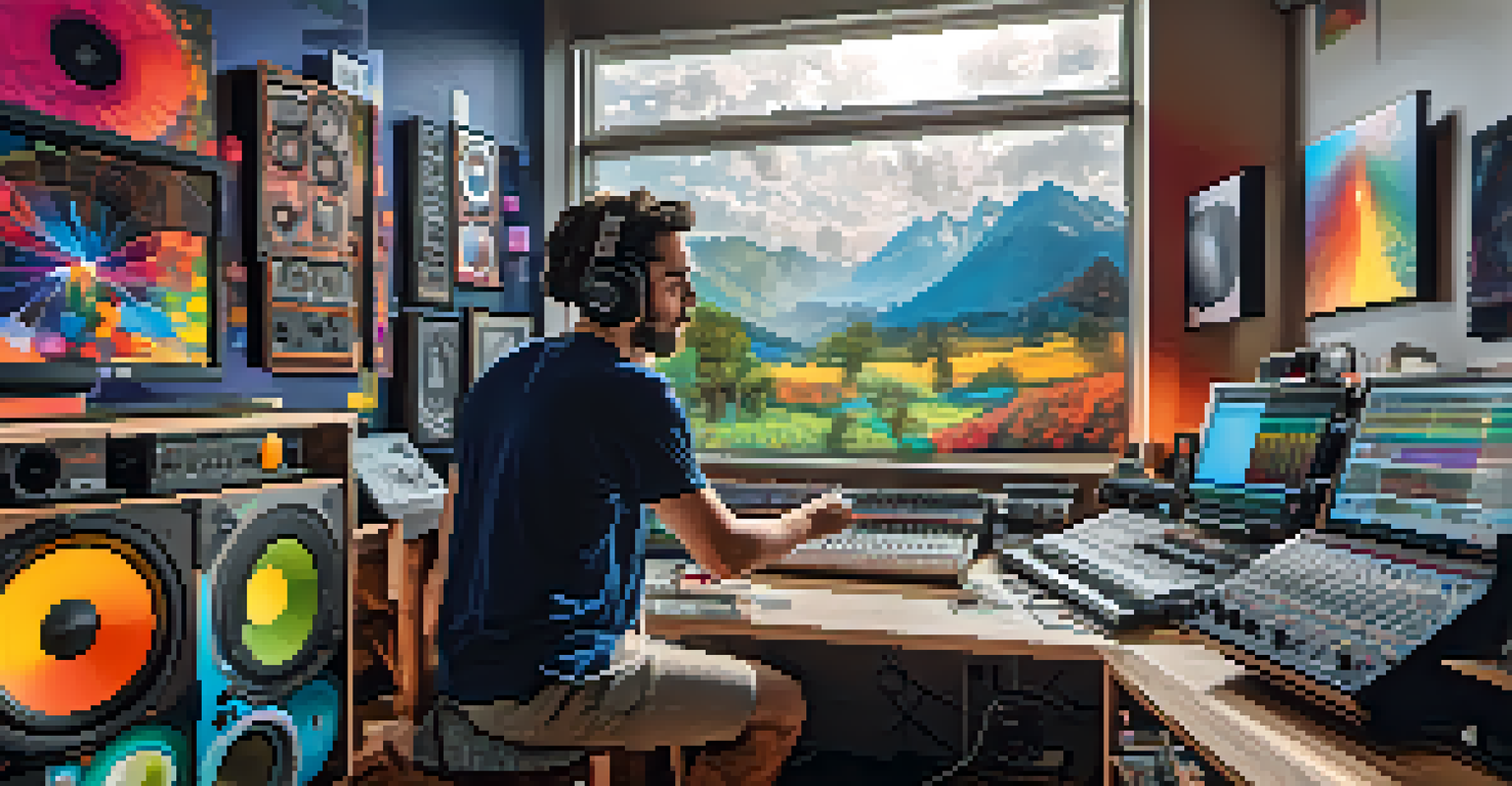 An artist in a modern home studio with digital audio equipment and colorful sound wave visualizations.