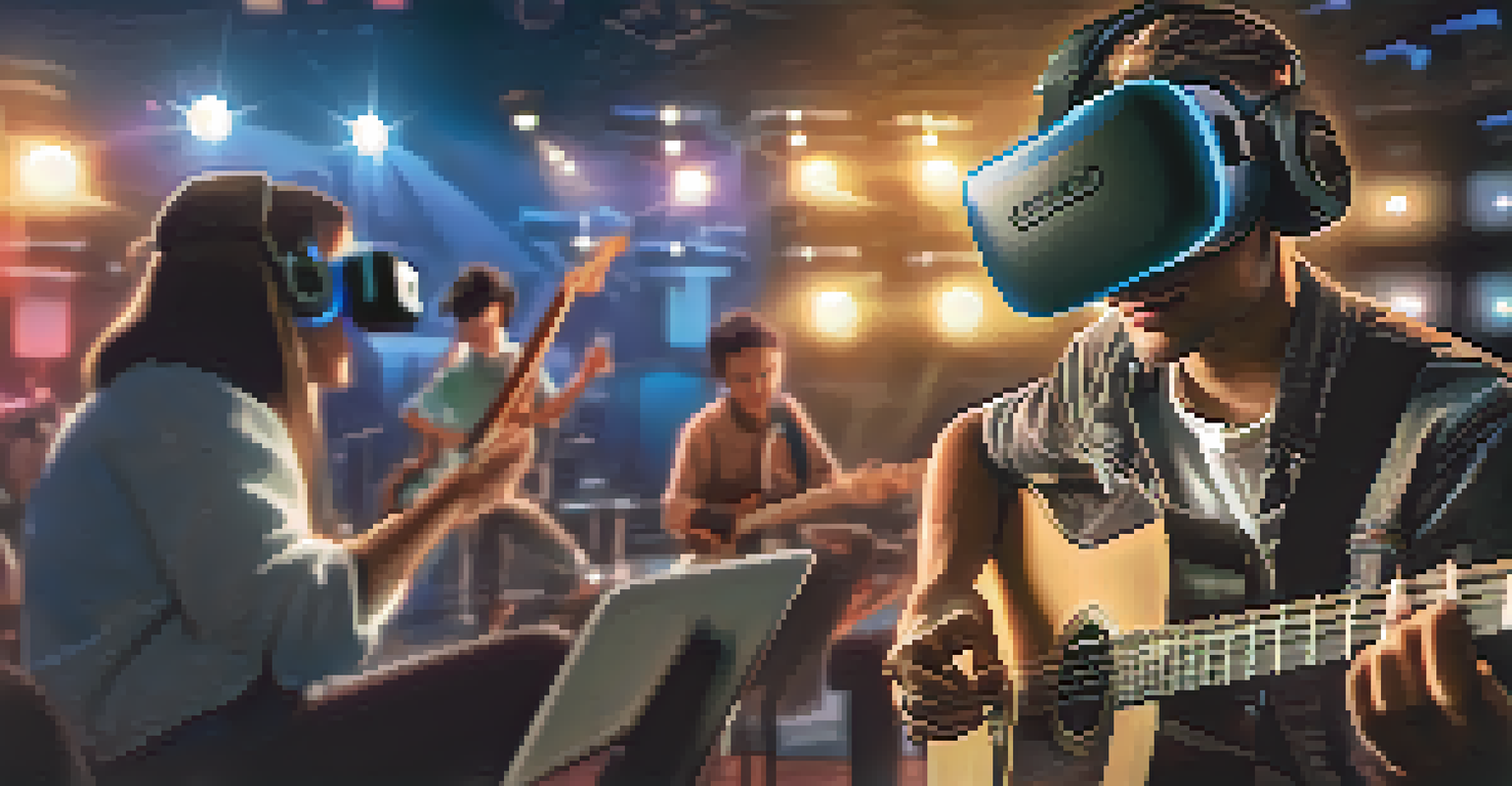 A student wearing virtual reality goggles practicing guitar in a simulated concert environment, showcasing modern music education.