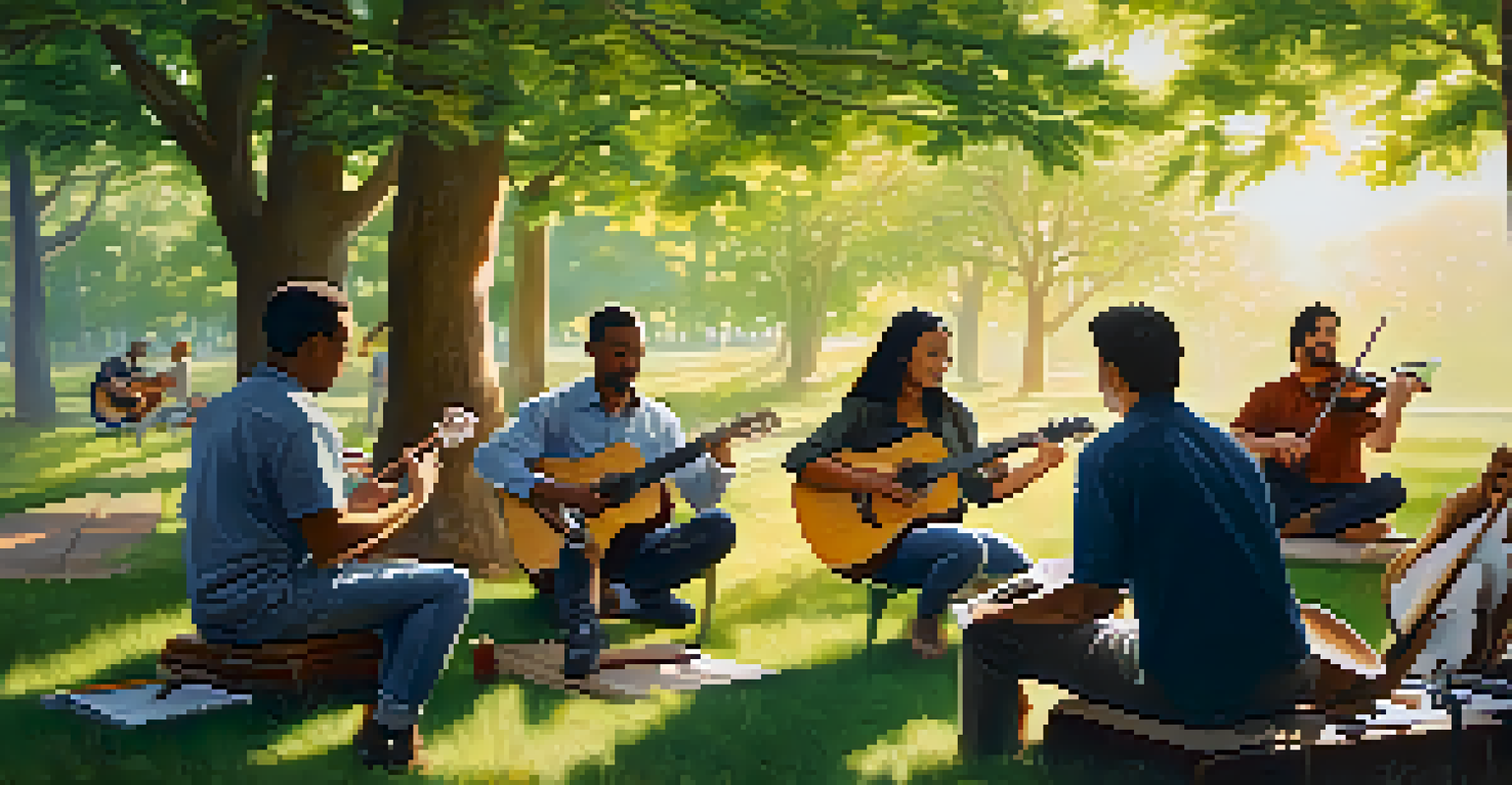 Musicians from diverse backgrounds collaborating outdoors, seated in a circle with various instruments, surrounded by nature.