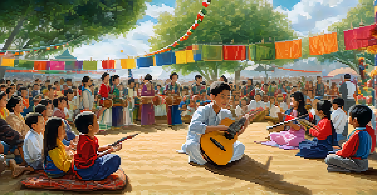 A community event with musicians from different cultures performing together, a young girl playing an Asian string instrument and a boy playing guitar.