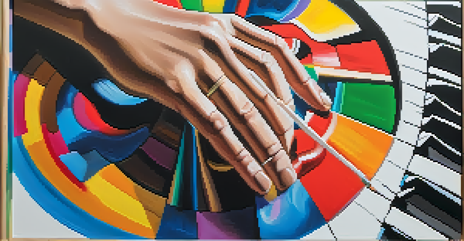 A hand painting on a canvas with vibrant colors, symbolizing the emotional expression in art therapy, with musical notes in the background.
