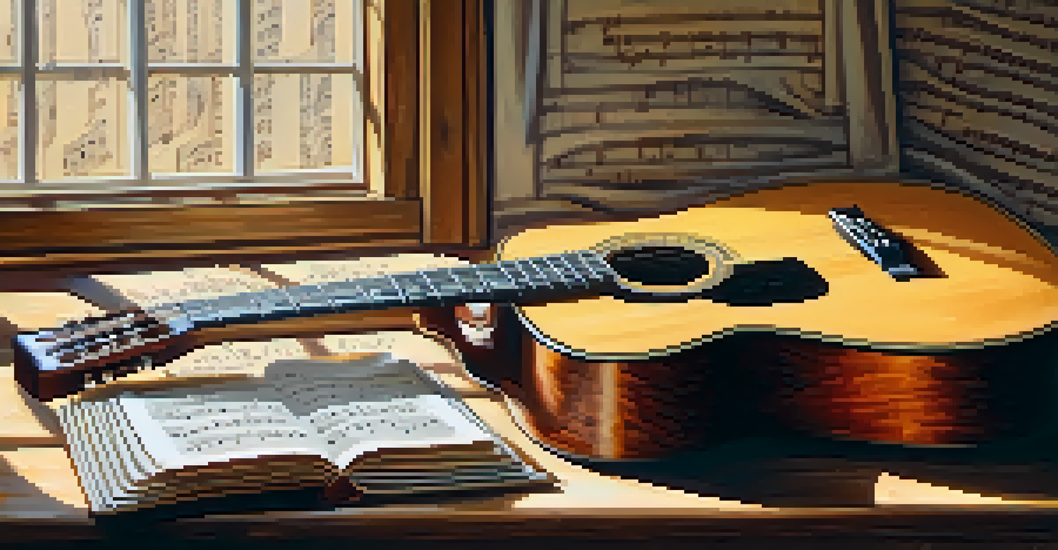 A close-up of an acoustic guitar and sheet music on a rustic wooden table, illuminated by natural light from a window.