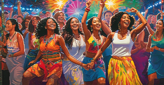 A lively music festival with diverse women dancing and enjoying a performance by a female artist on stage.