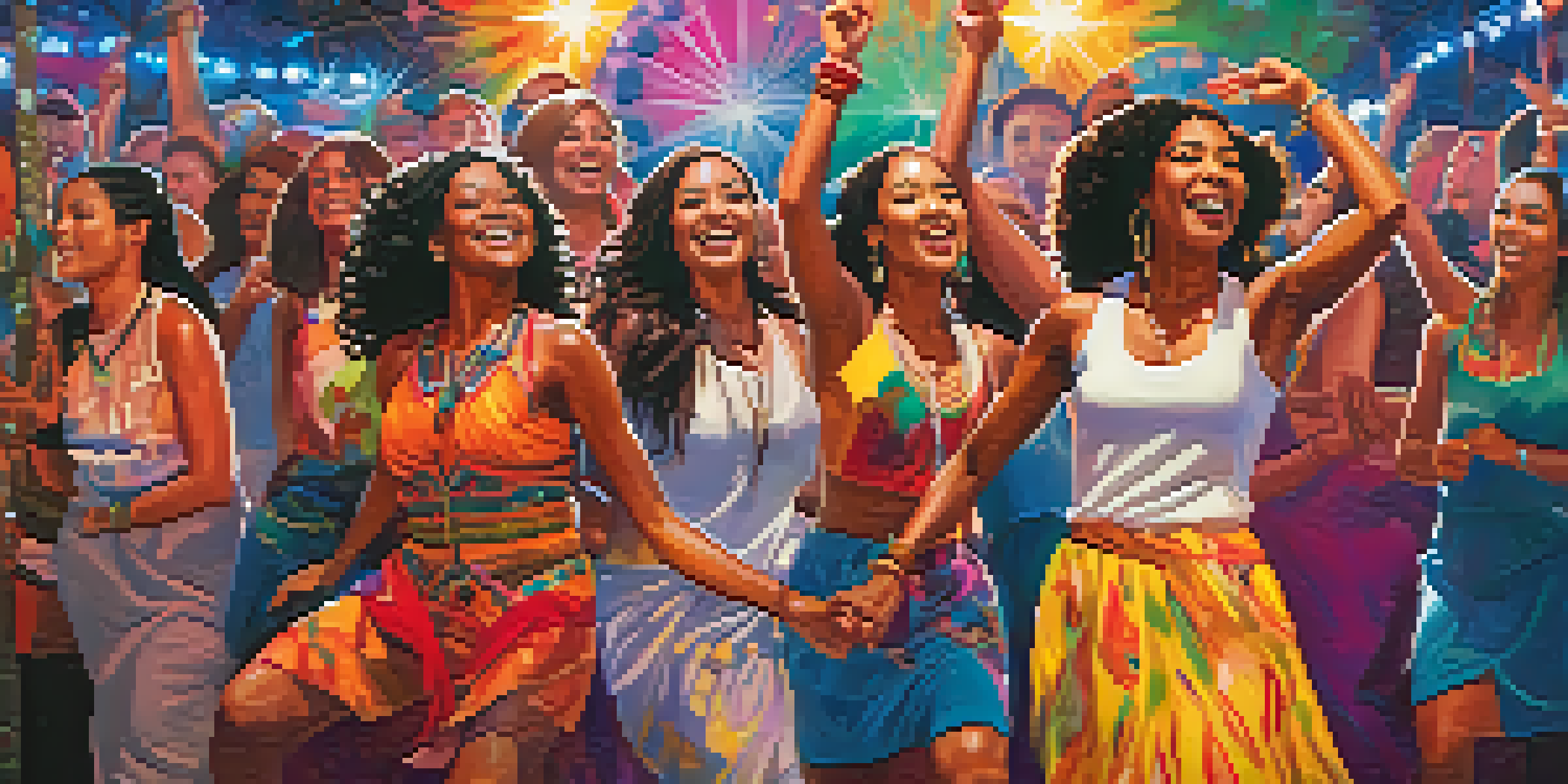 A lively music festival with diverse women dancing and enjoying a performance by a female artist on stage.