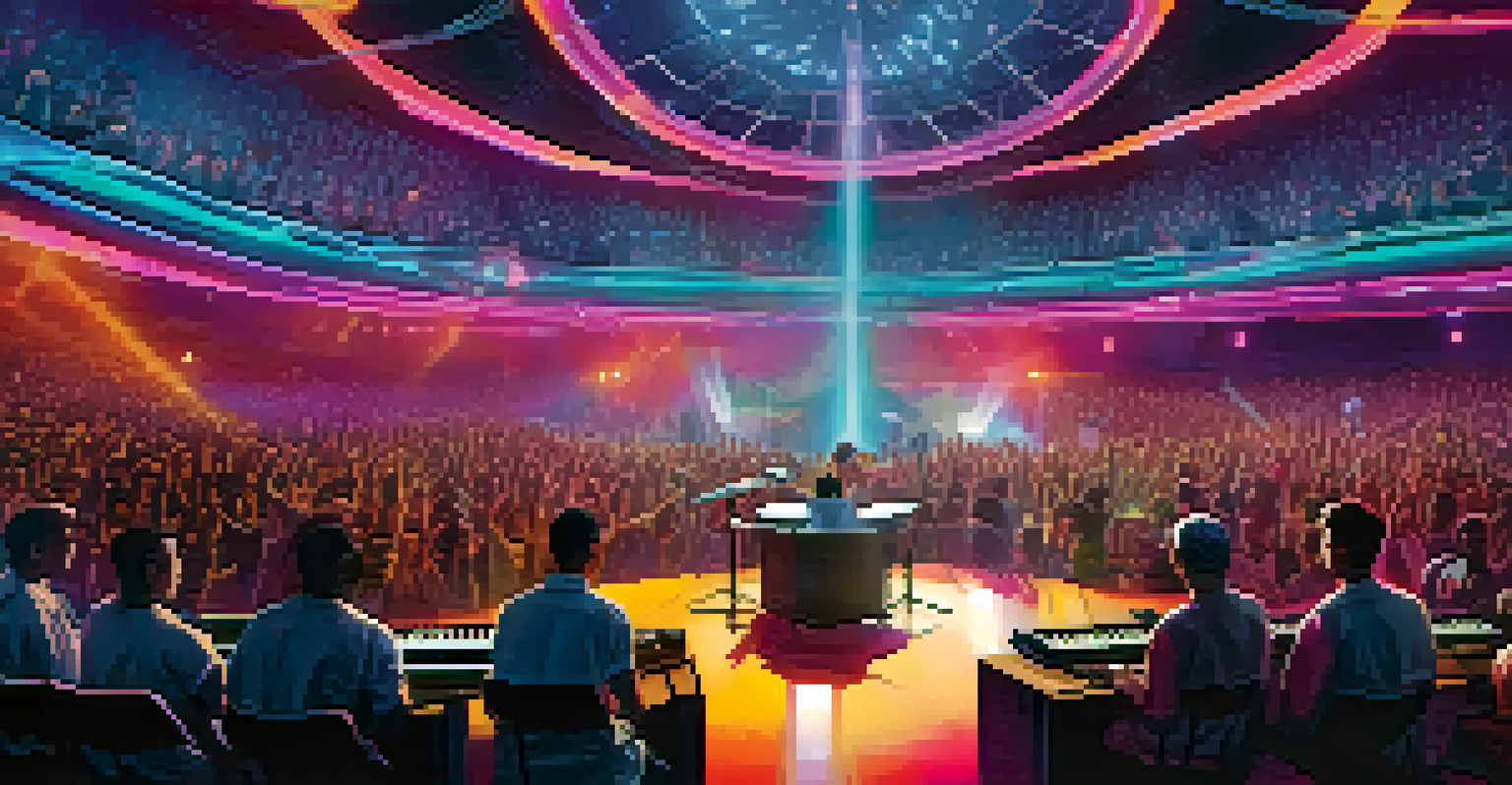 A futuristic concert with diverse artists on stage, featuring holographic displays and a captivated audience.