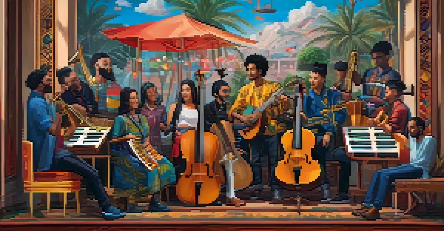 Musicians from different countries collaborating via video call, showcasing their cultural backgrounds and instruments.