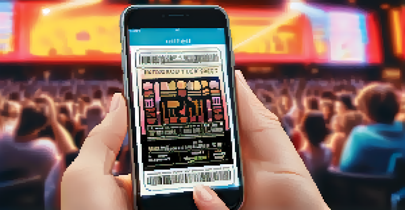 A close-up of a hand holding a digital NFT ticket on a smartphone, with a concert venue blurred in the background.