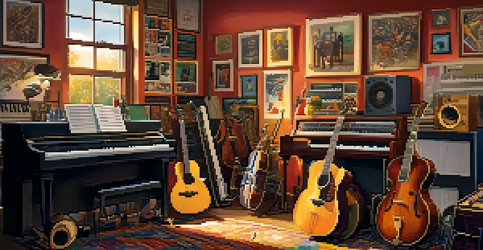 A warm and inviting music studio with musicians of diverse backgrounds collaborating during a jam session, surrounded by various instruments and colorful posters.