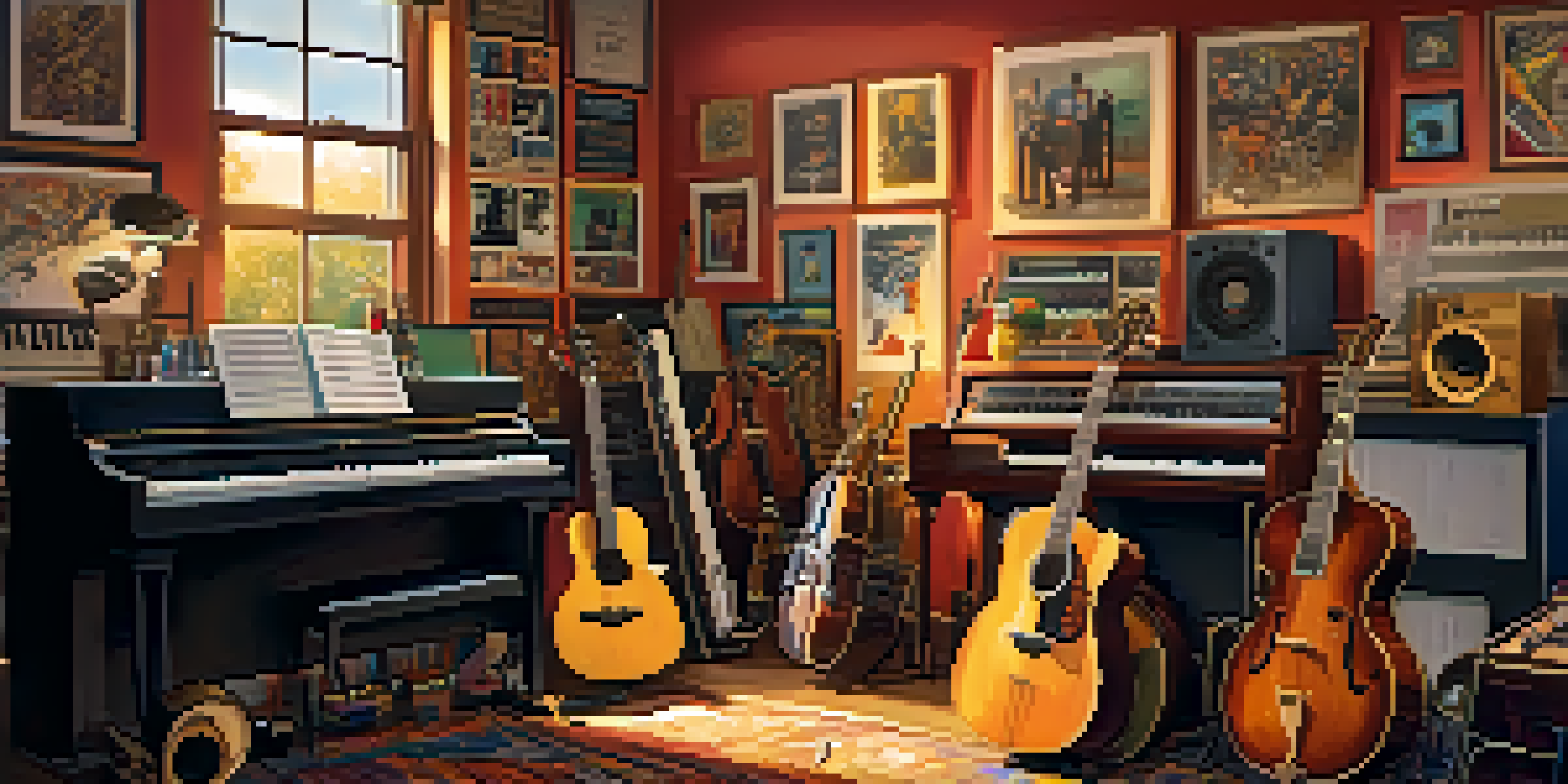A warm and inviting music studio with musicians of diverse backgrounds collaborating during a jam session, surrounded by various instruments and colorful posters.