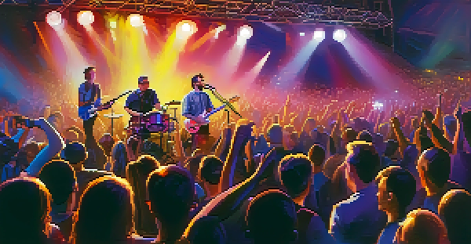 A lively concert with a band on stage, colorful lights, and an energetic crowd dancing.