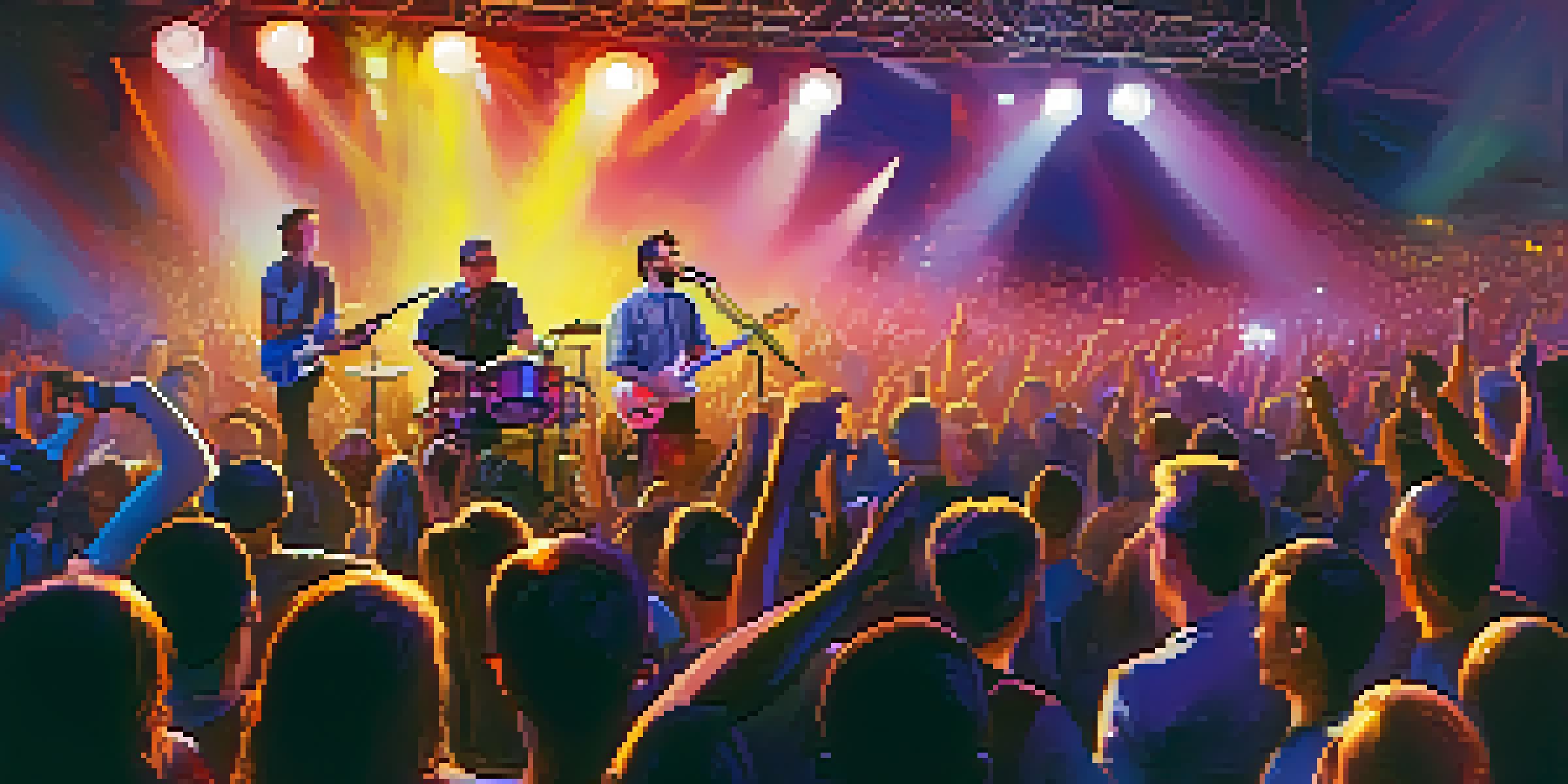 A lively concert with a band on stage, colorful lights, and an energetic crowd dancing.