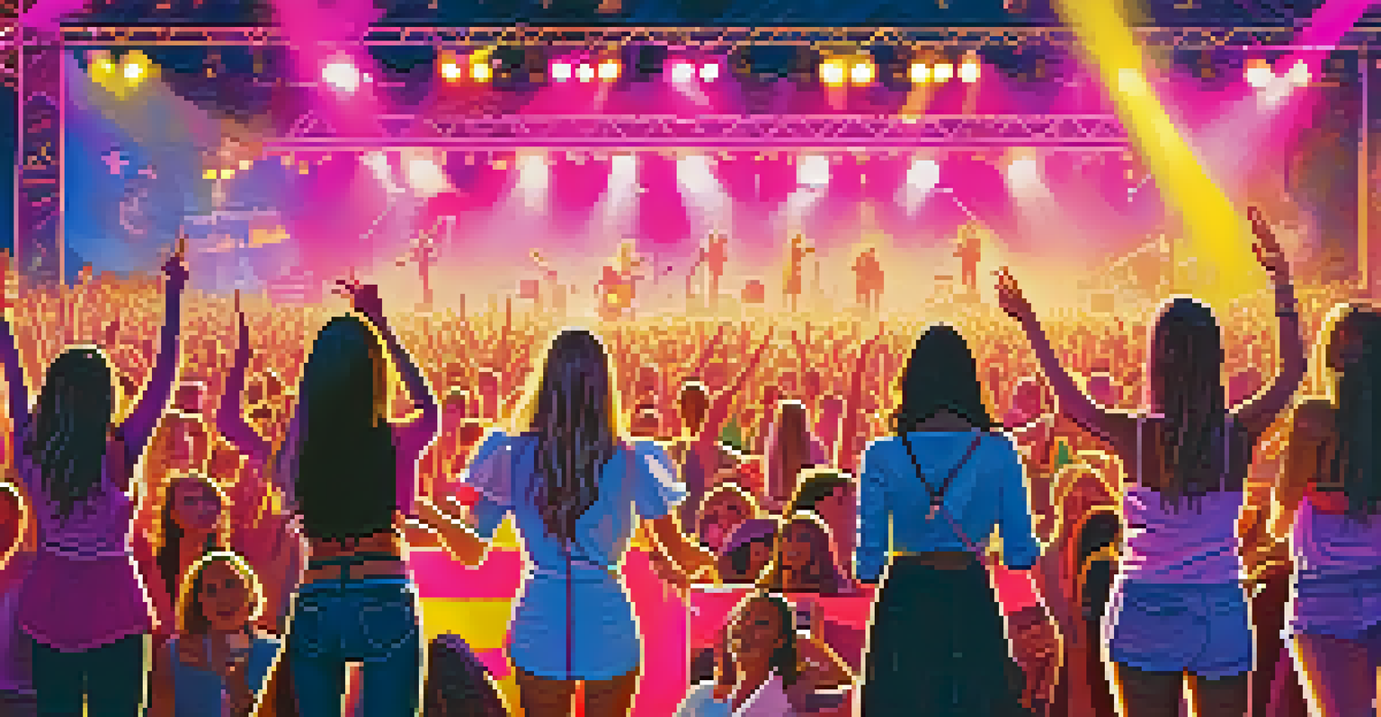 A vibrant country music festival featuring a diverse lineup of female artists on stage, with colorful decorations and enthusiastic fans in the background.