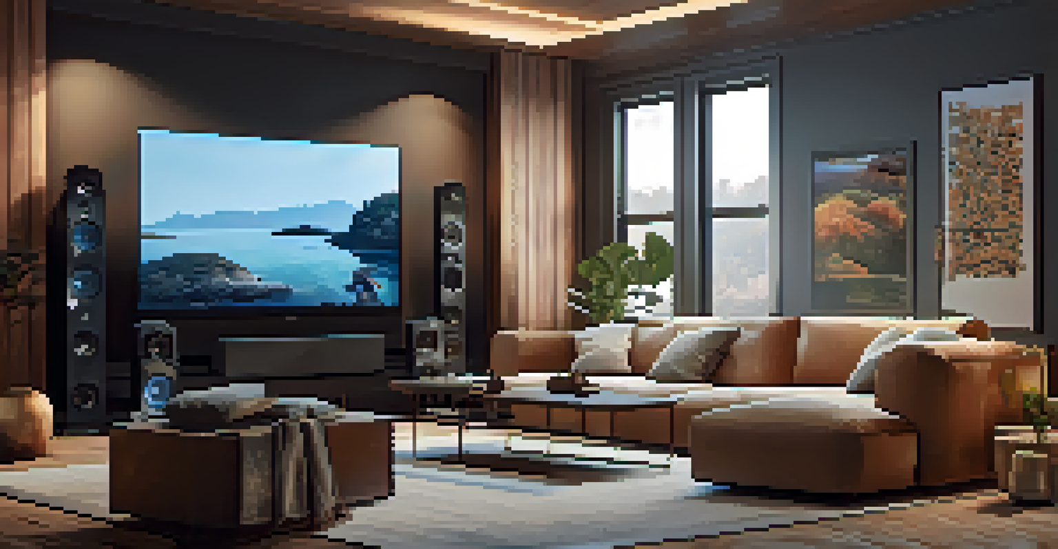 A cozy living room designed for immersive audio experiences, featuring comfortable seating, speakers, and ambient lighting.