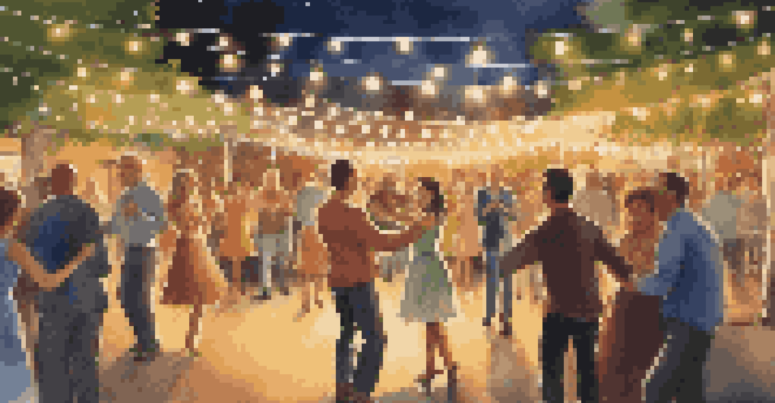 A couple dancing under fairy lights at an outdoor event, with a band playing, evoking feelings of nostalgia and joy.