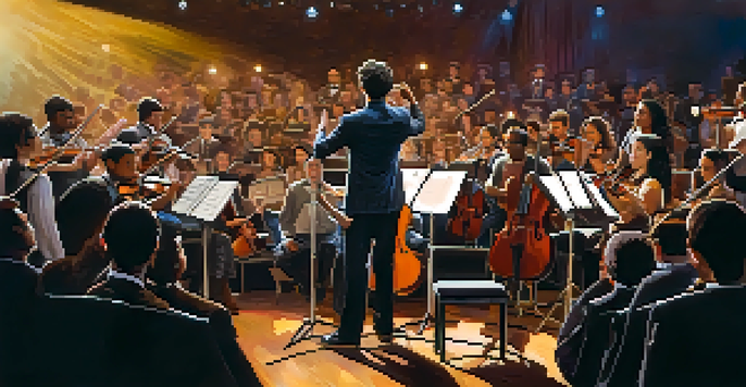 A group of young musicians playing different instruments on stage with an engaged audience in the background.