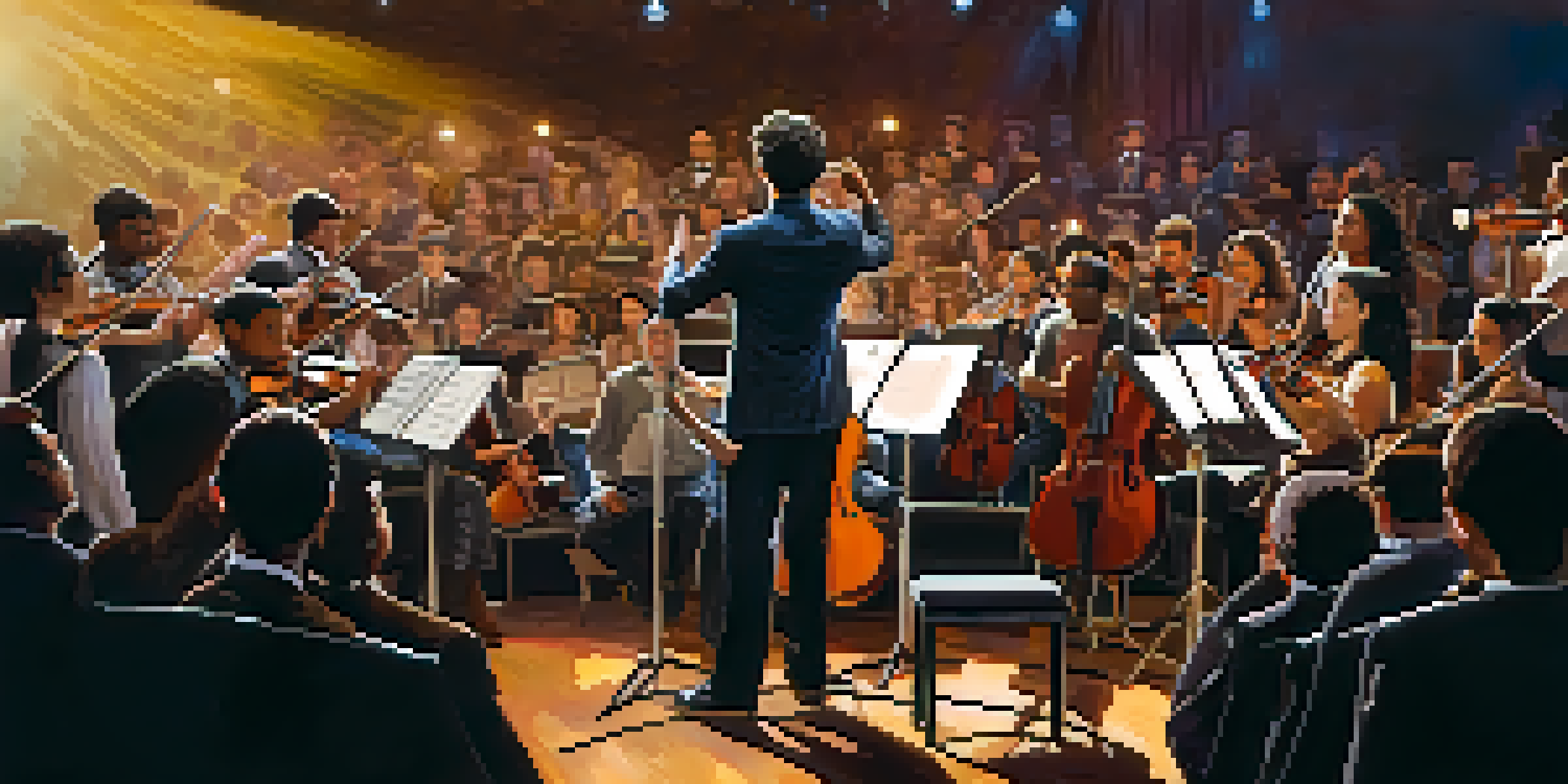 A group of young musicians playing different instruments on stage with an engaged audience in the background.