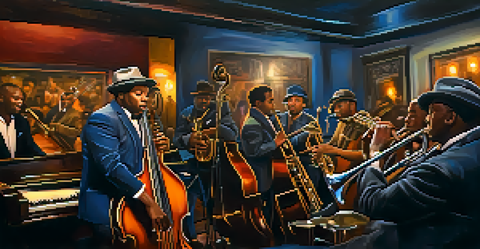 A lively jazz performance in a cozy club, with musicians playing passionately under warm lighting, showcasing creativity and collaboration.