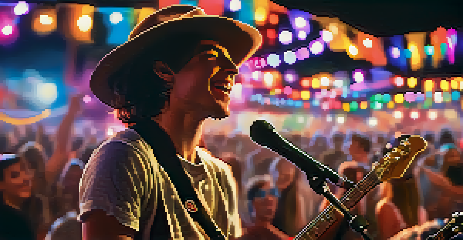 A young musician playing guitar on stage, focused and joyful, with colorful lights and an enthusiastic audience in the background.