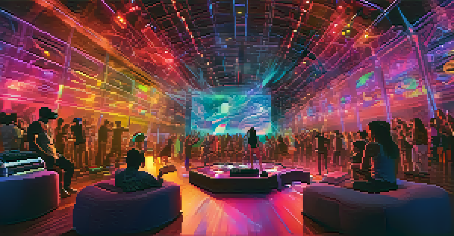 A virtual reality concert experience with a diverse audience enjoying a holographic performance in a vibrant digital environment.