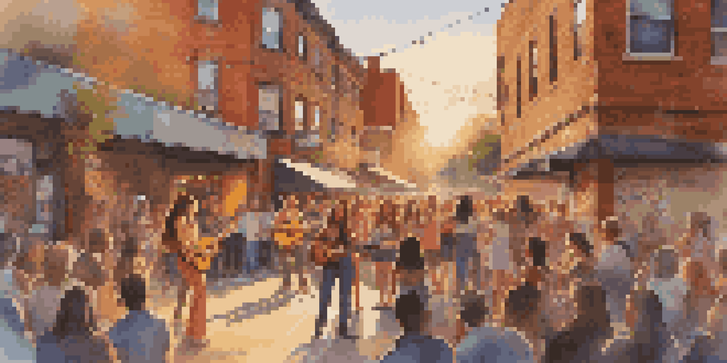 A lively street scene with female musicians performing and a diverse crowd enjoying the music in a colorful urban environment.