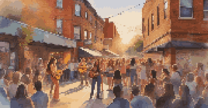 A lively street scene with female musicians performing and a diverse crowd enjoying the music in a colorful urban environment.