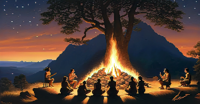 Early humans gathered around a fire, creating rhythmic sounds and expressing joy in a dark, starlit landscape.