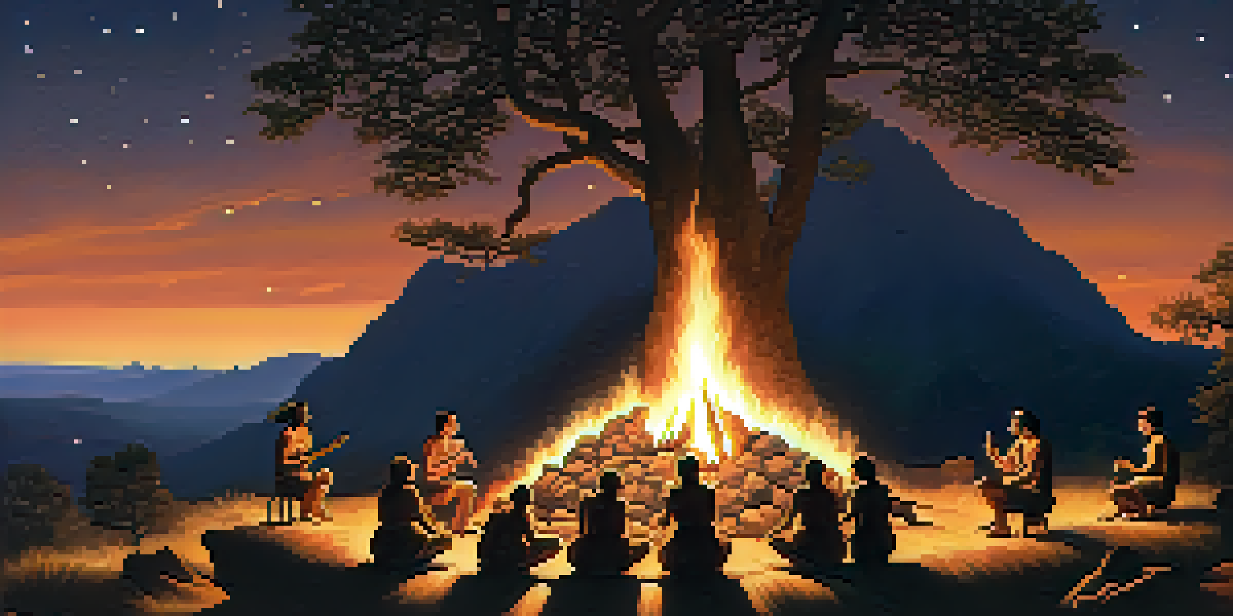 Early humans gathered around a fire, creating rhythmic sounds and expressing joy in a dark, starlit landscape.