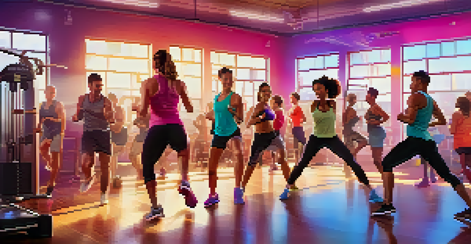 A lively fitness studio with participants in a high-energy workout class, colorful lights, and a dynamic instructor leading the session.