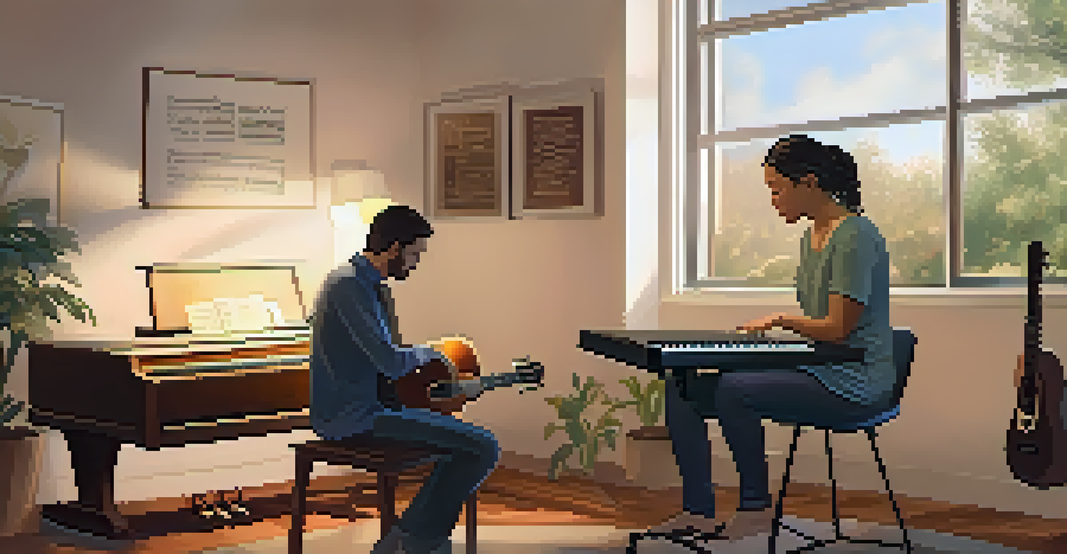 A therapist and a participant in a cozy room engaged in a songwriting session, surrounded by musical instruments and calming decor.