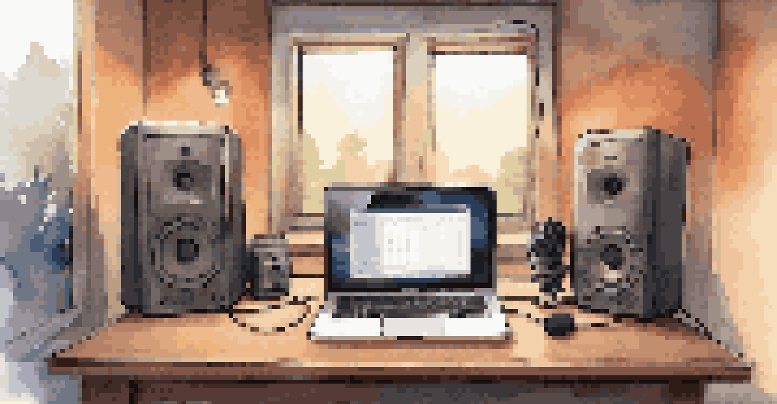A cozy podcast recording setup with a microphone and headphones, illuminated by warm light with sound waves around.