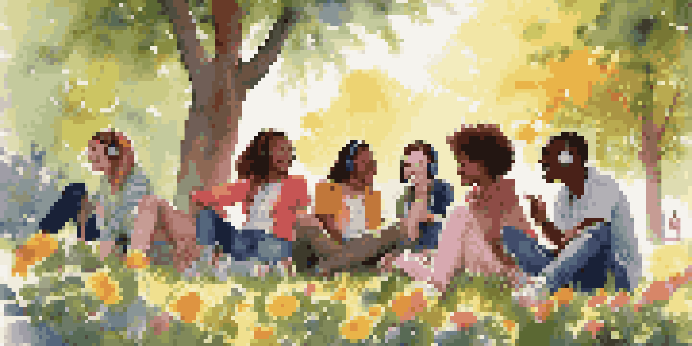 A group of diverse teenagers enjoying music together in a park, with sunlight filtering through the trees.
