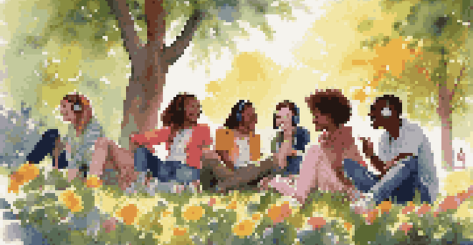 A group of diverse teenagers enjoying music together in a park, with sunlight filtering through the trees.
