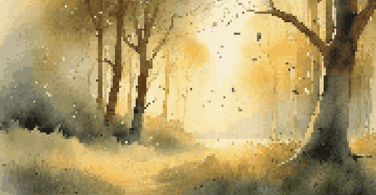 A peaceful forest at dawn with musical notes representing ambient sound and soft sunlight filtering through the trees.