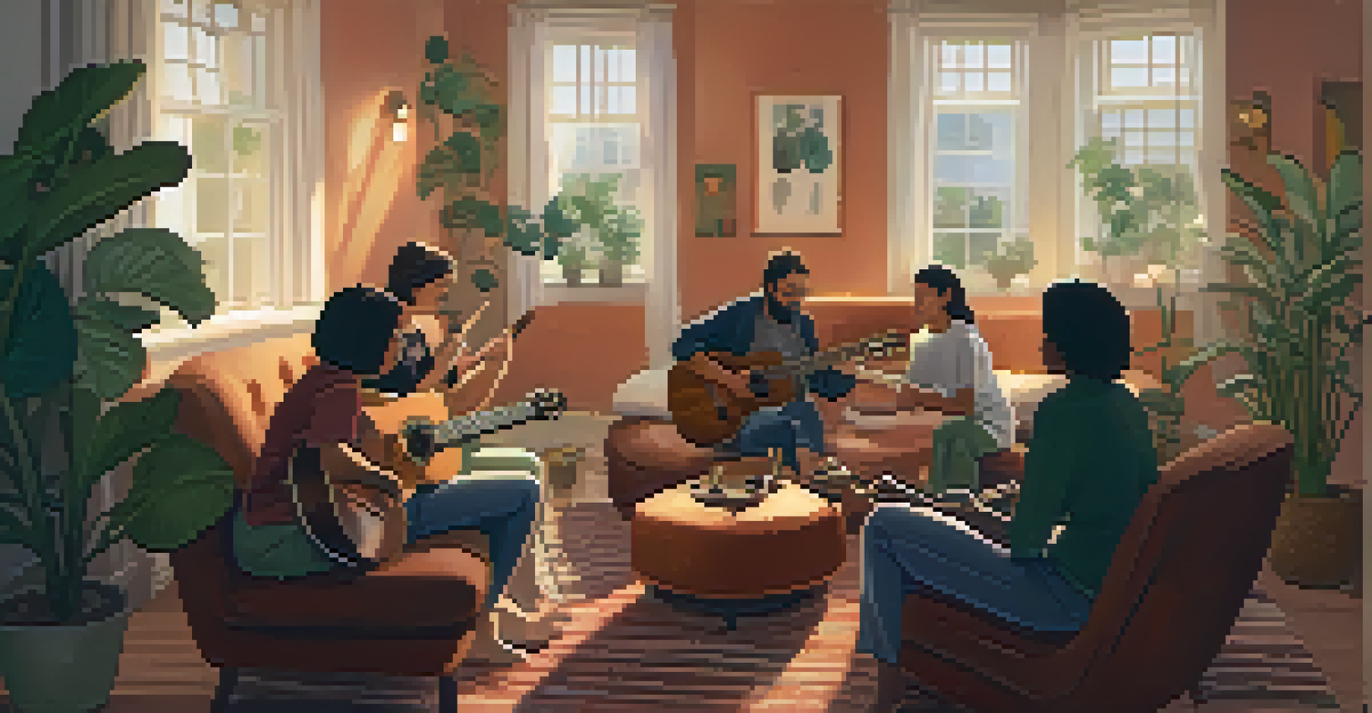 A small group participating in a music therapy session, sitting in a circle with instruments, guided by a therapist in a cozy, warmly lit room.