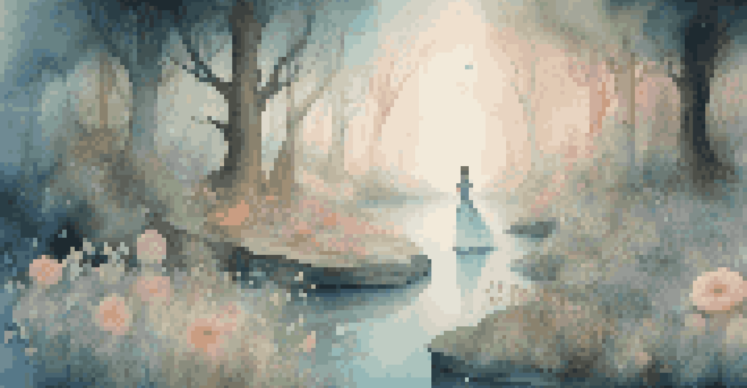 A serene forest scene with a singer on a floating platform surrounded by soft, dreamlike colors and flowers.